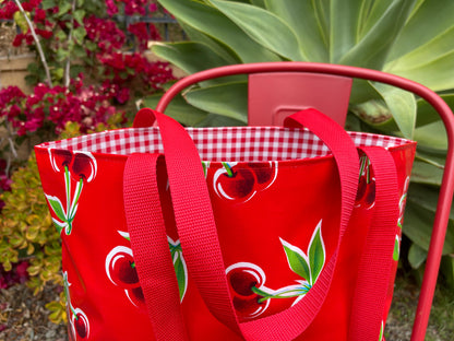 Reversible Oilcloth Totebag - Red Cherry with Red Gingham - Two Sizes