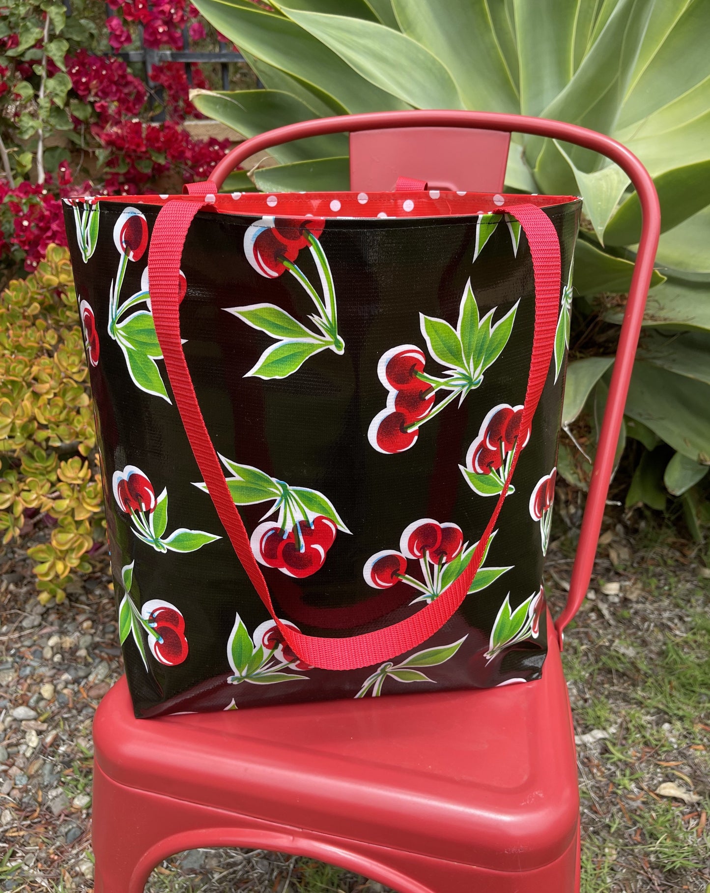 Reversible Oilcloth Totebag - Black Cherry with White on Red Polka - Two Sizes