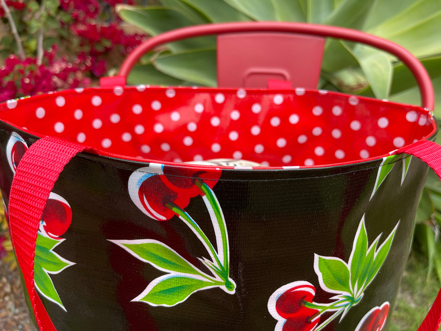 Reversible Oilcloth Totebag - Black Cherry with White on Red Polka - Two Sizes