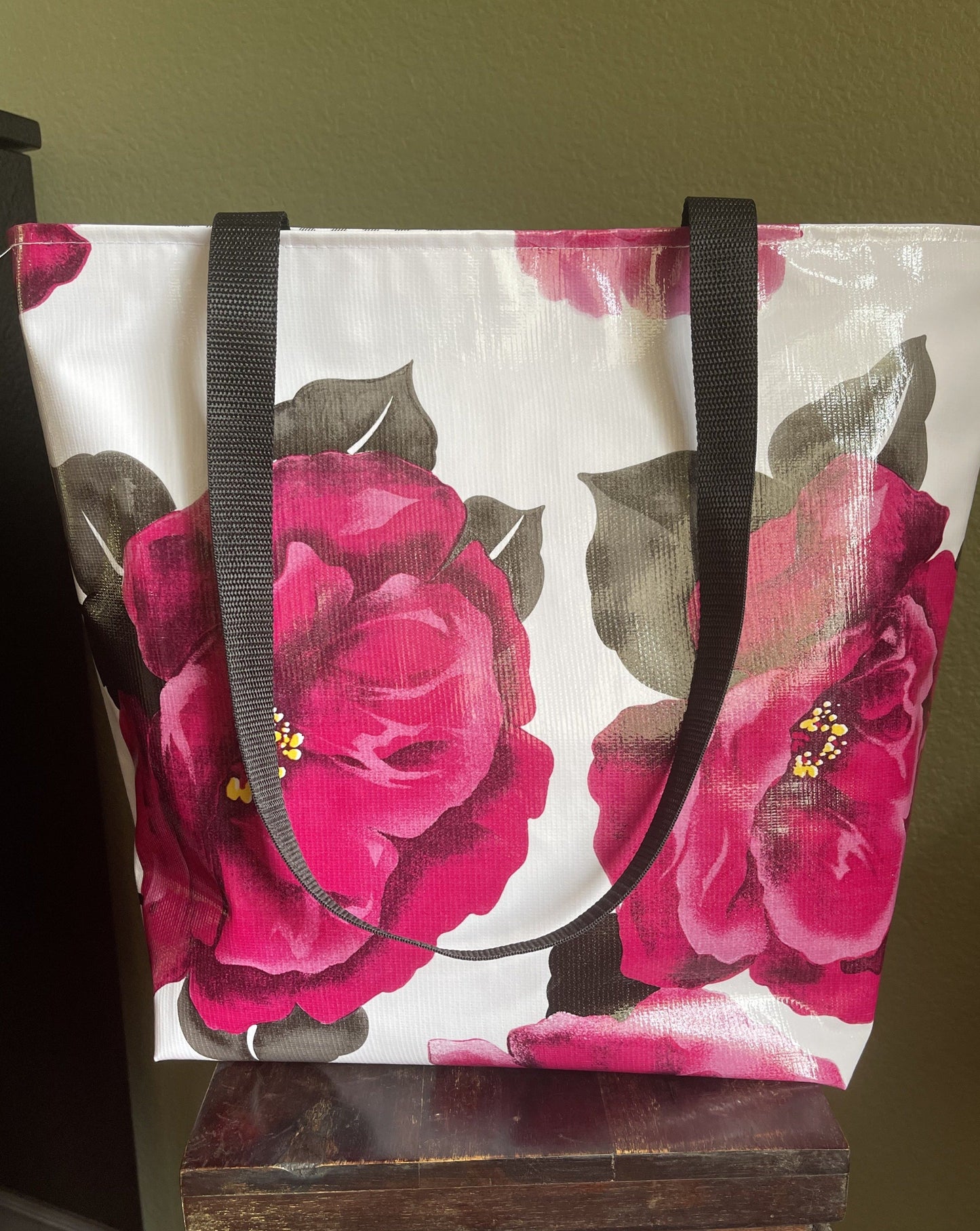 Reversible Oilcloth Totebag - Magenta Blossom with Black Gingham - Two Sizes