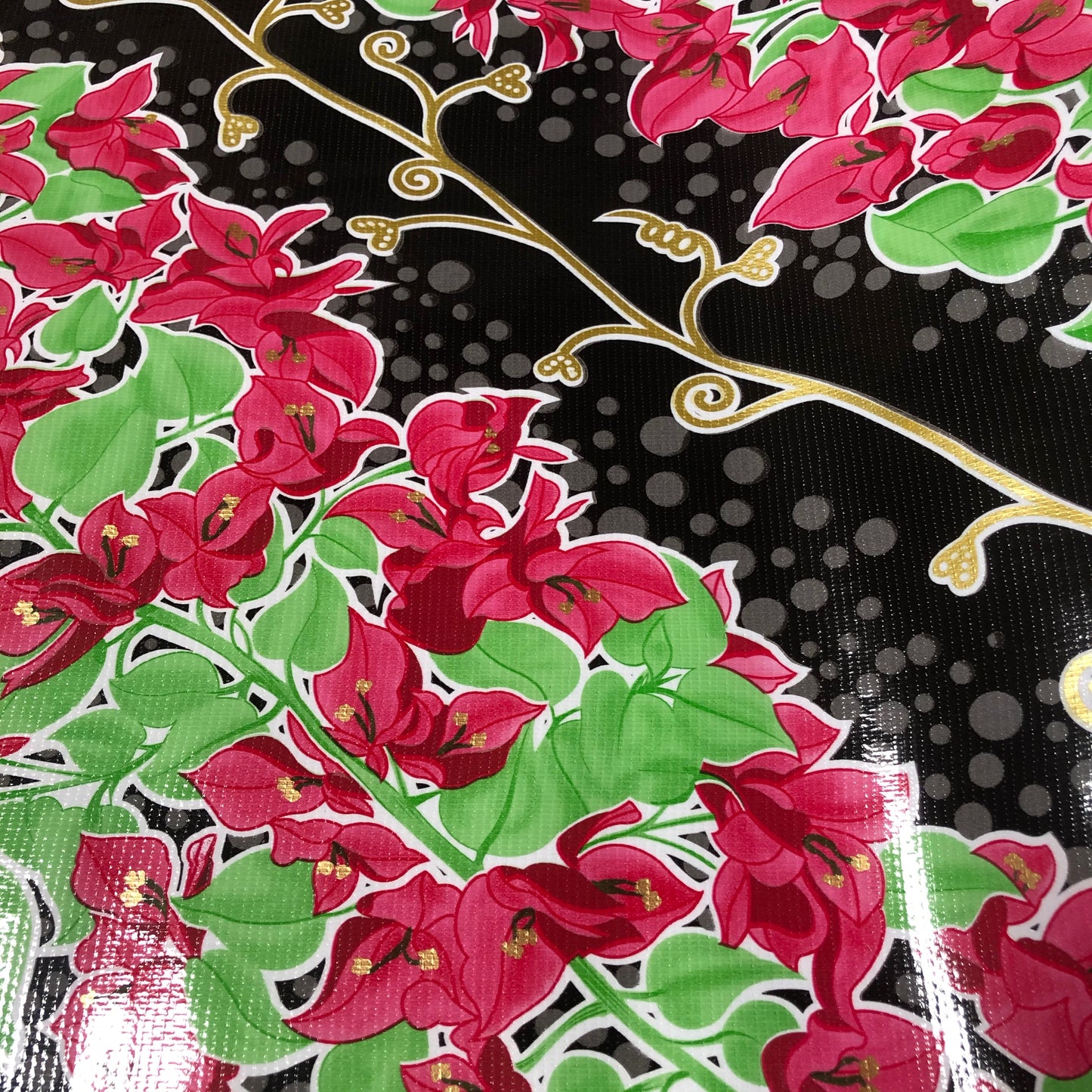 Black Bougainvillea Oilcloth Fabric