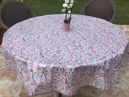 Round Silver Cherry Blossom Oilcloth Tablecloth