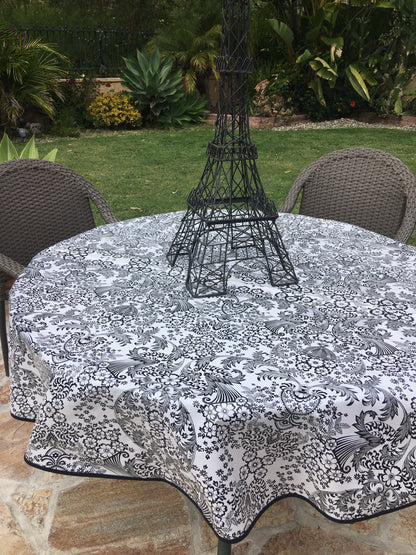 Round Black and White Toile Oilcloth Tablecloths