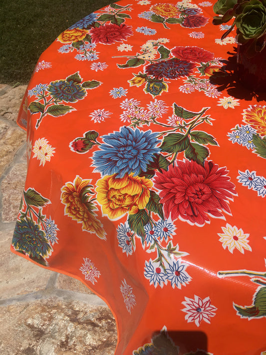 Round Orange Mums Oilcloth Tablecloth