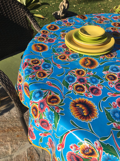 Light Blue Spring Bloom Oilcloth Tablecloth - Round