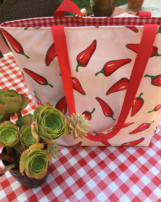 Reversible Oilcloth Totebag - White Chili Pepper with Red Gingham - Two Sizes