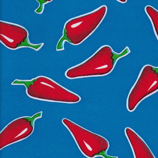 Red Chili Pepper on Blue Oilcloth Fabric