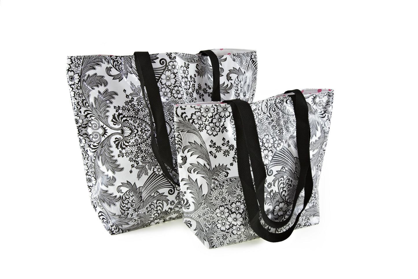 Reversible Oilcloth Totebag - Black and White Toile with Pink or Black Polka - Two Sizes