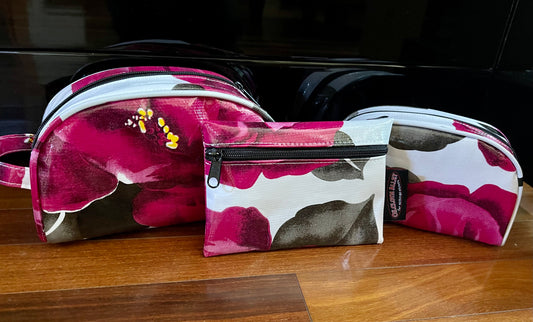 Magenta Blossom Oilcloth Combination Set - Mini and Small Cosmetic Bag, Small Pouch