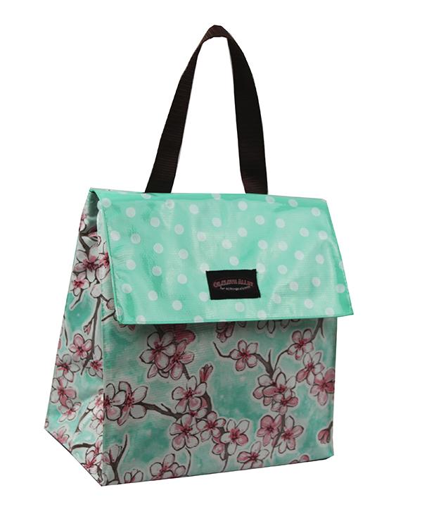 Oilcloth Insulated Lunch Bag - Seafoam Cherry Blossom