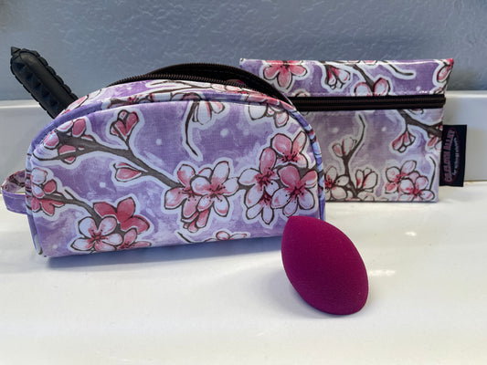 Purple Cherry Blossom Oilcloth Combination  Set - Mini Cosmetic Bag & Small Pouch