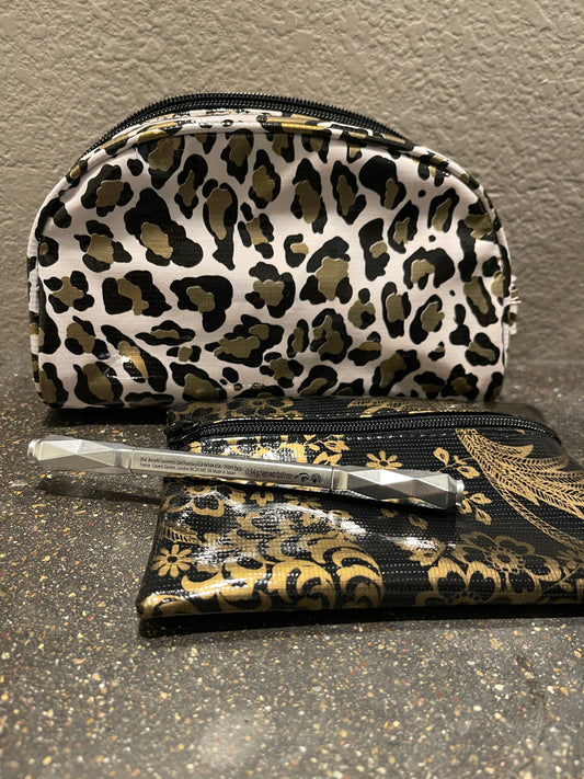 Gold Cheetah and Gold Toile Oilcloth Combination Set - Small Cosmetic Bag & Small Pouch oh