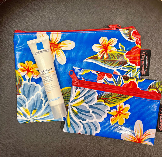 Blue Hibiscus Oilcloth Pouch Set, Small & Medium