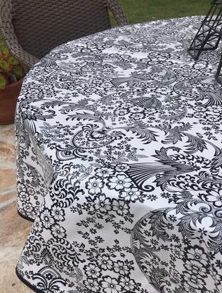 Round Black and White Toile Oilcloth Tablecloths