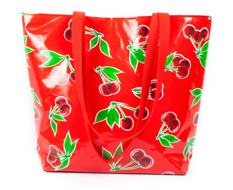 Reversible Oilcloth Totebag - Red Cherry with Red Gingham - Two Sizes