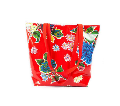 Reversible Oilcloth Totebag - Red Mums with Red Gingham - Two Sizes