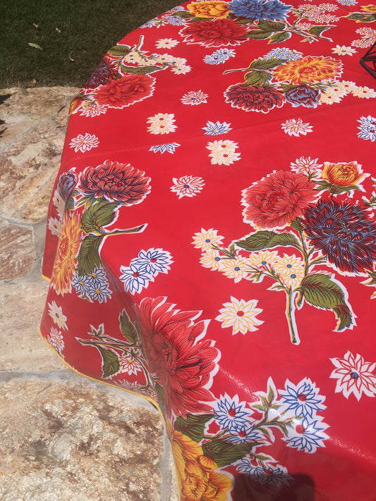 Round Red Mums Oilcloth Tablecloths