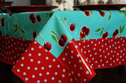 Turquoise Cherry And Polka Oilcloth Tablecloth 84" x 56"