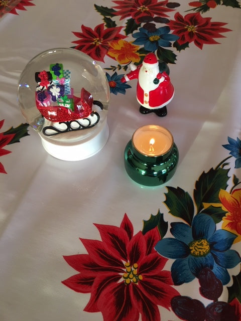 Round White Vintage Christmas Oilcloth Tablecloths with White on Red Polka Borders