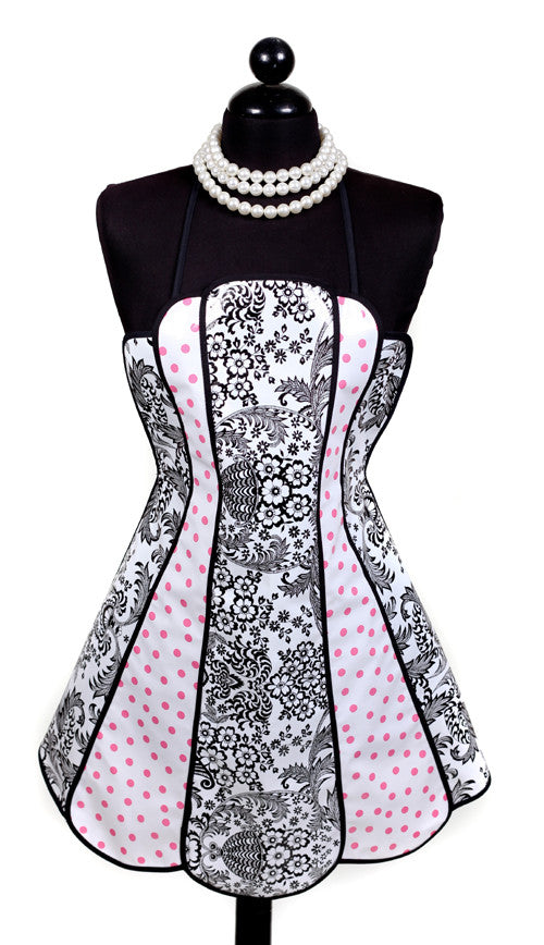 Retro Black Toile and Pink Polka Oilcloth Apron