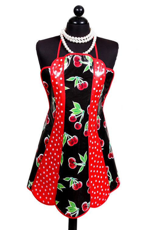 Retro Black Cherry and Polka Dot Oilcloth Apron